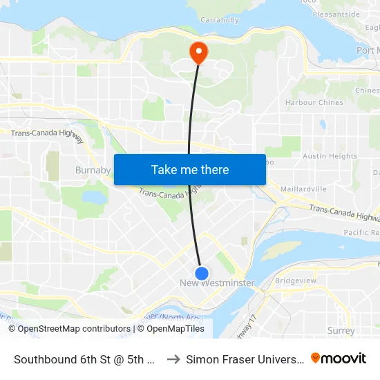 Southbound 6th St @ 5th Ave to Simon Fraser University map