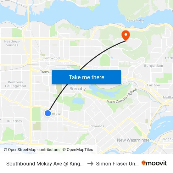 Southbound Mckay Ave @ Kingsborough St to Simon Fraser University map