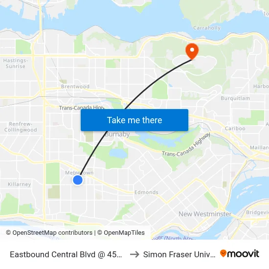 Eastbound Central Blvd @ 4500 Block to Simon Fraser University map