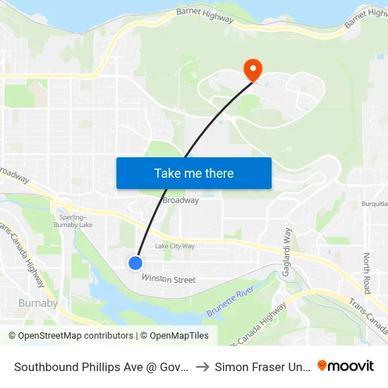 Southbound Phillips Ave @ Government Rd to Simon Fraser University map