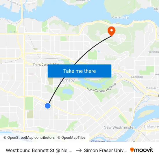 Westbound Bennett St @ Nelson Ave to Simon Fraser University map