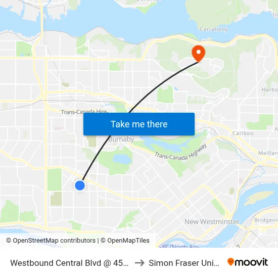 Westbound Central Blvd @ 4500 Block to Simon Fraser University map