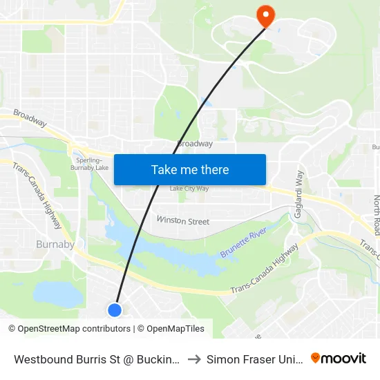 Westbound Burris St @ Buckingham Ave to Simon Fraser University map