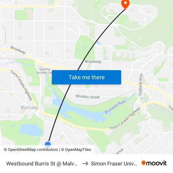 Westbound Burris St @ Malvern Ave to Simon Fraser University map