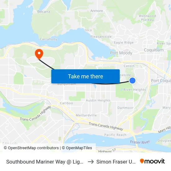 Southbound Mariner Way @ Lighthouse Court to Simon Fraser University map
