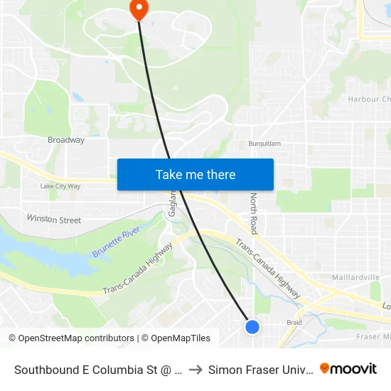 Southbound E Columbia St @ Braid St to Simon Fraser University map