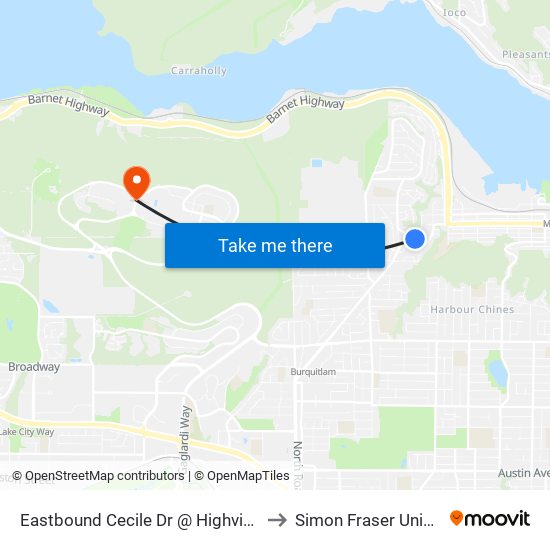 Eastbound Cecile Dr @ Highview Place to Simon Fraser University map