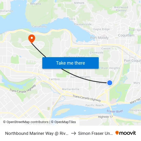 Northbound Mariner Way @ Riverview Cres to Simon Fraser University map