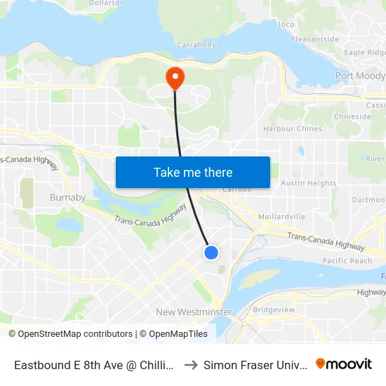 Eastbound E 8th Ave @ Chilliwack St to Simon Fraser University map