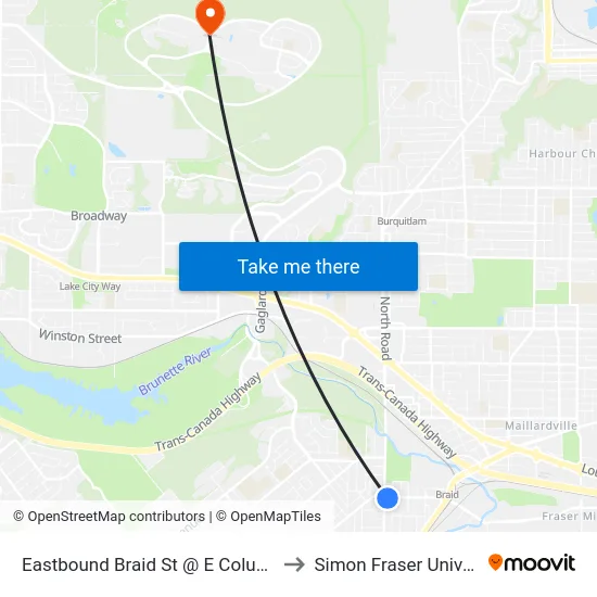 Eastbound Braid St @ E Columbia St to Simon Fraser University map