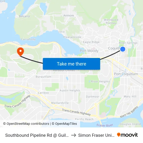 Southbound Pipeline Rd @ Guildford Way to Simon Fraser University map