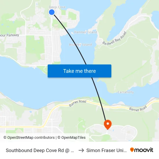Southbound Deep Cove Rd @ Badger Rd to Simon Fraser University map