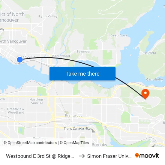 Westbound E 3rd St @ Ridgeway Ave to Simon Fraser University map