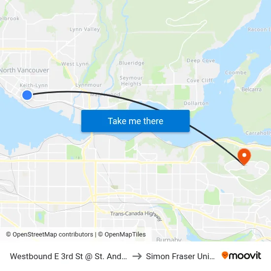 Westbound E 3rd St @ St. Andrews Ave to Simon Fraser University map