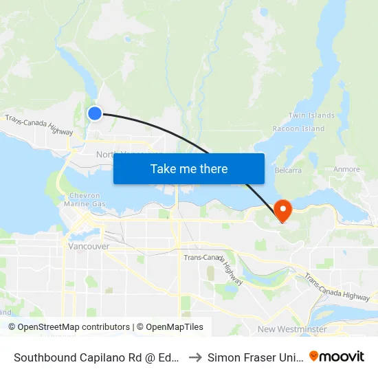 Southbound Capilano Rd @ Edgewood Rd to Simon Fraser University map