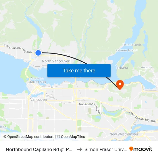 Northbound Capilano Rd @ Paisley Rd to Simon Fraser University map