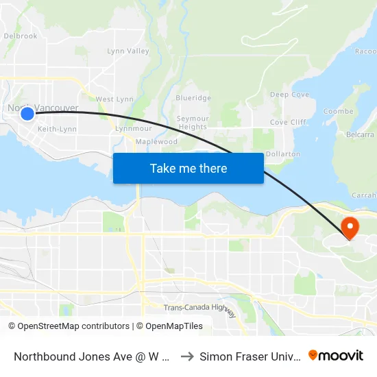 Northbound Jones Ave @ W Keith Rd to Simon Fraser University map