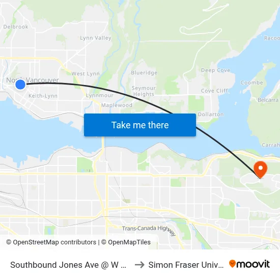 Southbound Jones Ave @ W Keith Rd to Simon Fraser University map