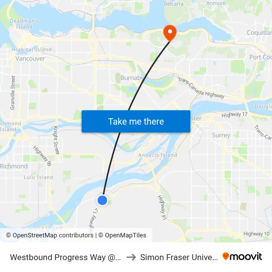 Westbound Progress Way @ 76 St to Simon Fraser University map
