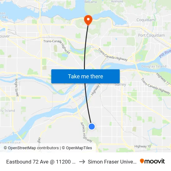 Eastbound 72 Ave @ 11200 Block to Simon Fraser University map