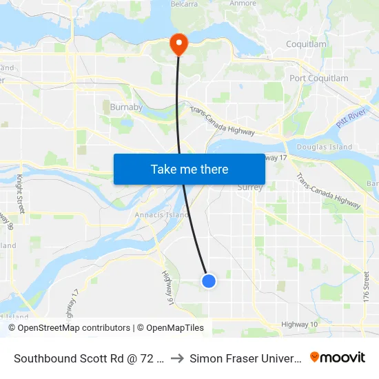 Southbound Scott Rd @ 72 Ave to Simon Fraser University map