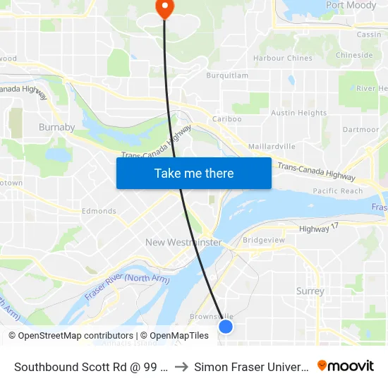 Southbound Scott Rd @ 99 Ave to Simon Fraser University map