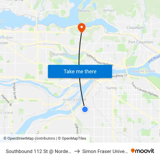 Southbound 112 St @ Nordel Way to Simon Fraser University map