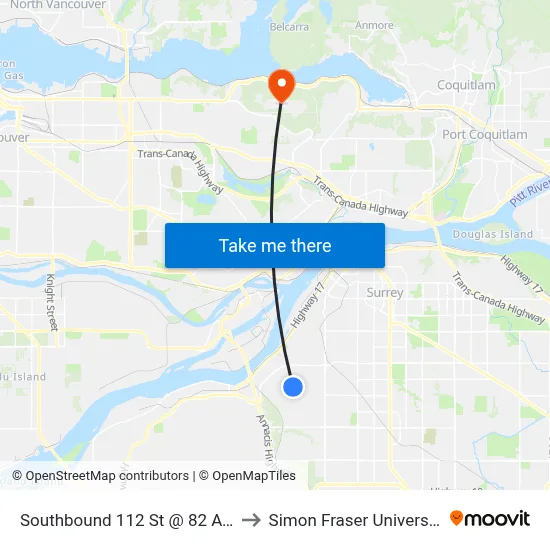 Southbound 112 St @ 82 Ave to Simon Fraser University map