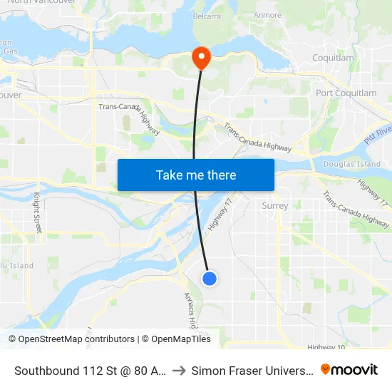 Southbound 112 St @ 80 Ave to Simon Fraser University map