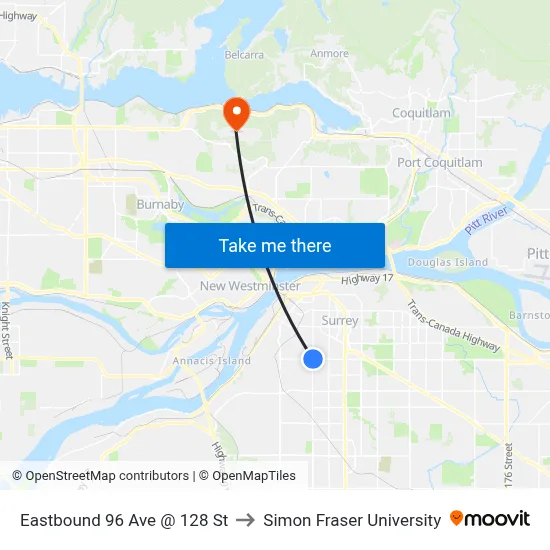 Eastbound 96 Ave @ 128 St to Simon Fraser University map