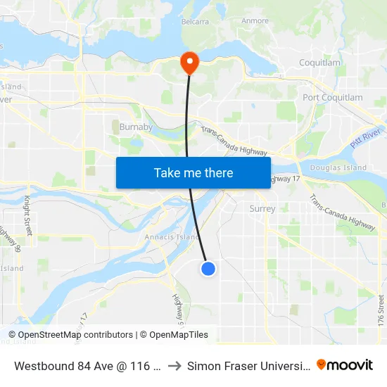 Westbound 84 Ave @ 116 St to Simon Fraser University map