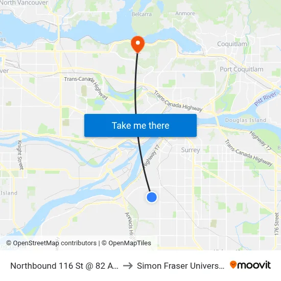 Northbound 116 St @ 82 Ave to Simon Fraser University map