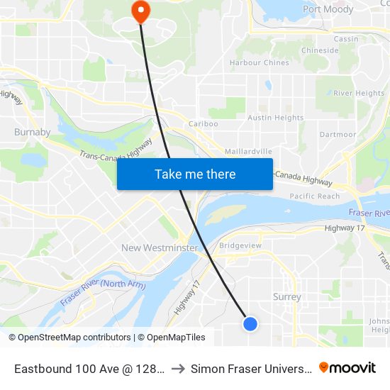 Eastbound 100 Ave @ 128 St to Simon Fraser University map