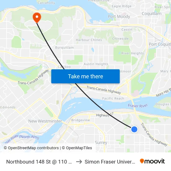 Northbound 148 St @ 110 Ave to Simon Fraser University map