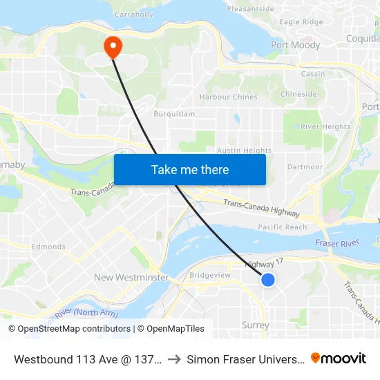 Westbound 113 Ave @ 137 St to Simon Fraser University map