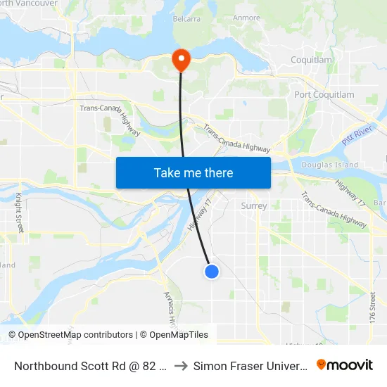 Northbound Scott Rd @ 82 Ave to Simon Fraser University map
