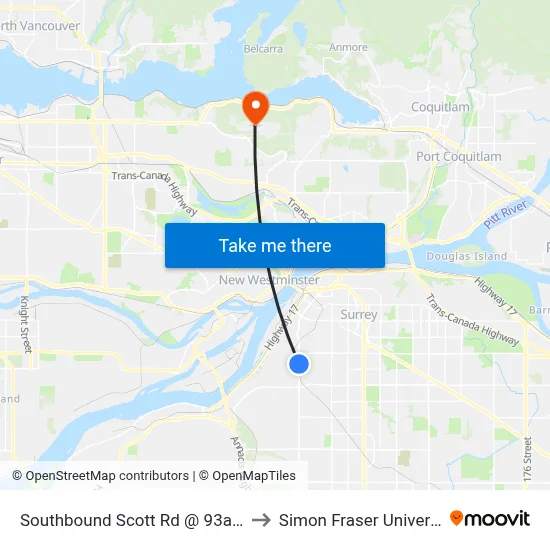 Southbound Scott Rd @ 93a Ave to Simon Fraser University map