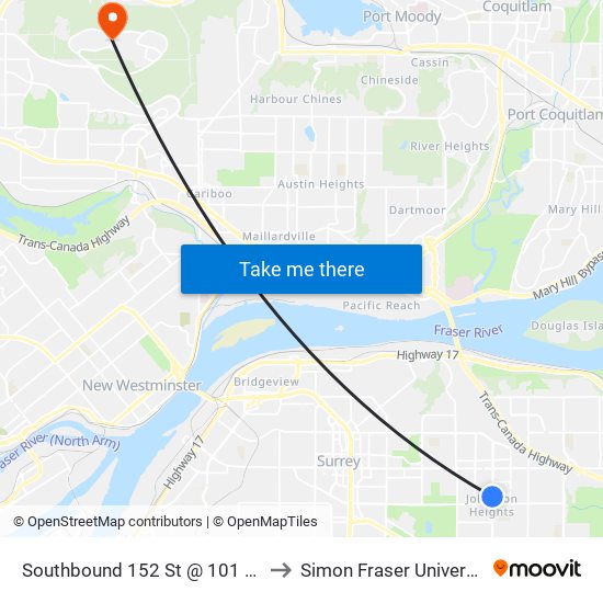 Southbound 152 St @ 101 Ave to Simon Fraser University map