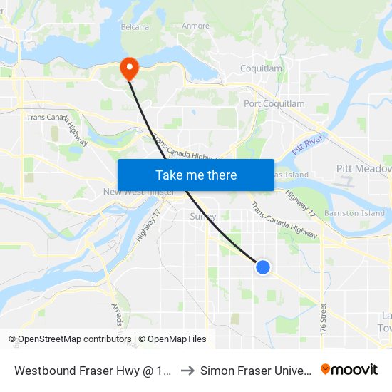 Westbound Fraser Hwy @ 156 St to Simon Fraser University map