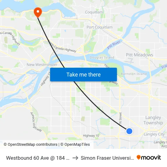 Westbound 60 Ave @ 184 St to Simon Fraser University map