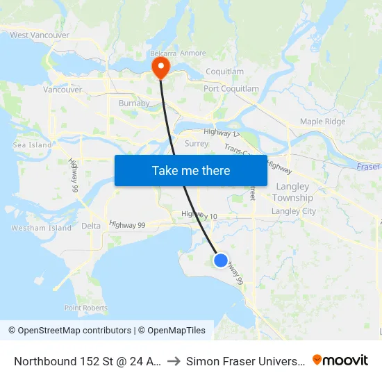 Northbound 152 St @ 24 Ave to Simon Fraser University map