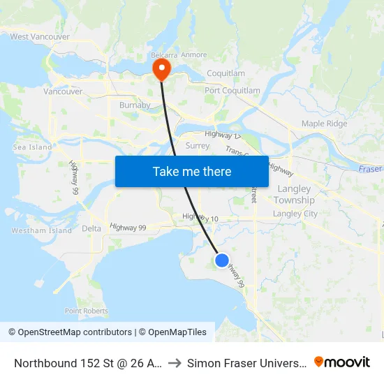 Northbound 152 St @ 26 Ave to Simon Fraser University map