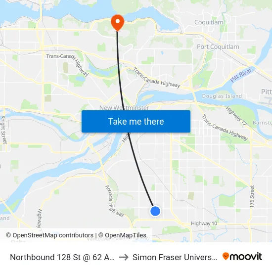 Northbound 128 St @ 62 Ave to Simon Fraser University map