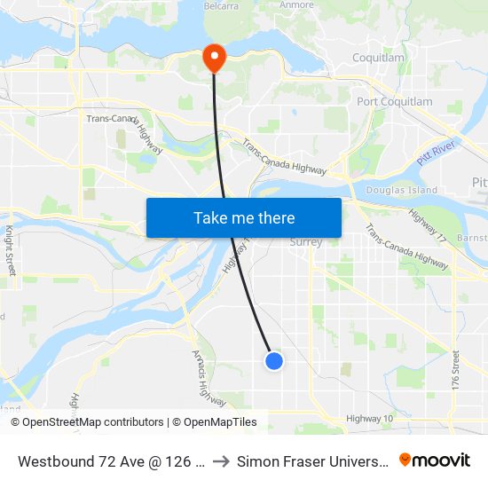 Westbound 72 Ave @ 126 St to Simon Fraser University map