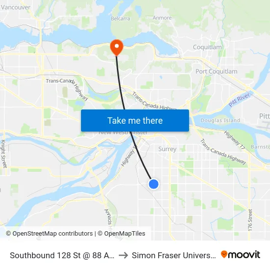 Southbound 128 St @ 88 Ave to Simon Fraser University map