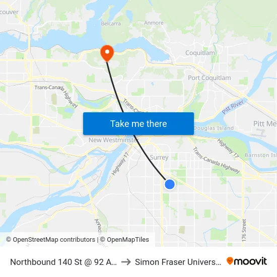 Northbound 140 St @ 92 Ave to Simon Fraser University map
