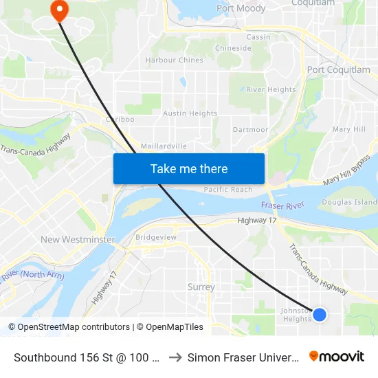 Southbound 156 St @ 100 Ave to Simon Fraser University map