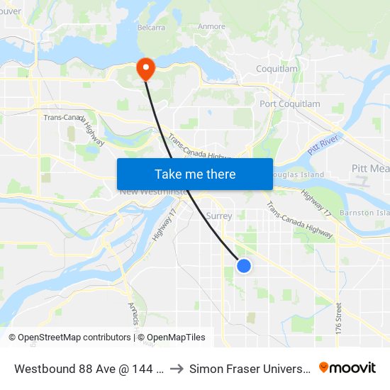 Westbound 88 Ave @ 144 St to Simon Fraser University map