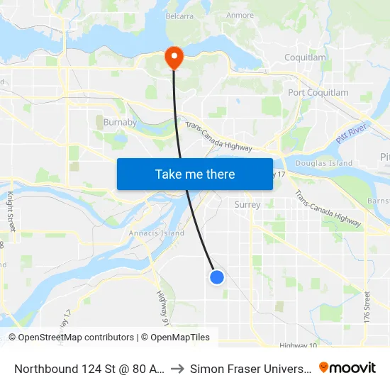 Northbound 124 St @ 80 Ave to Simon Fraser University map