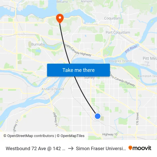 Westbound 72 Ave @ 142 St to Simon Fraser University map
